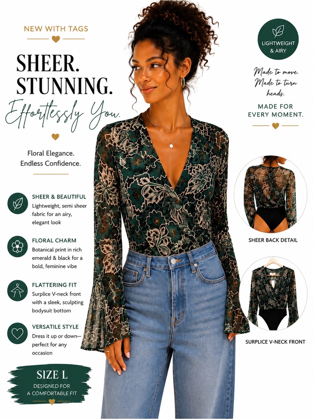 Emerald Floral Long Sleeve Bodysuit from the brand Band of the Free NWT Kiara